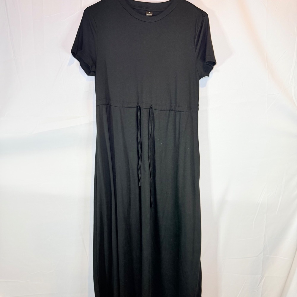 Women's Black S T-Shirt Dress Drawstring Waist Maxi Knit Casual